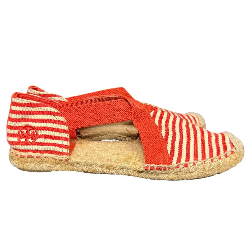 Tory Burch Striped Strappy Espadrille Flats Orange White Canvas Logo Size 8
